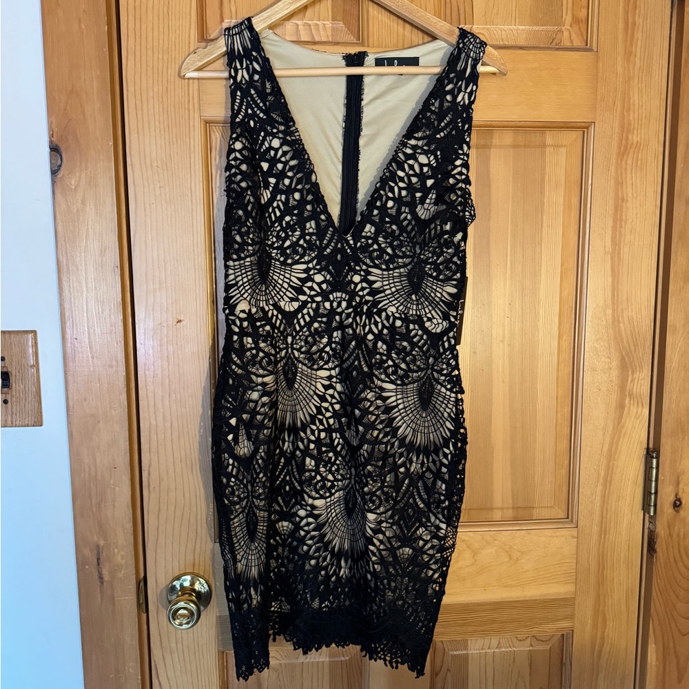 NWT- Lulu's Black and Cream Plunge Lace Dress